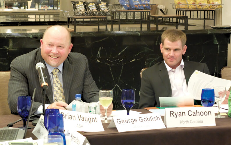 Photo courtesy of Minnesota Soybean Research & Promotion Council Vesta farmer George Goblish, at left, served as a board member with the World Initiative for Soy in Human Health (WISHH), a farmer-led program promoting exports of U.S. soy protein. Goblish was recently elected to serve on the Minnesota Soybean Research & Promotion Council.